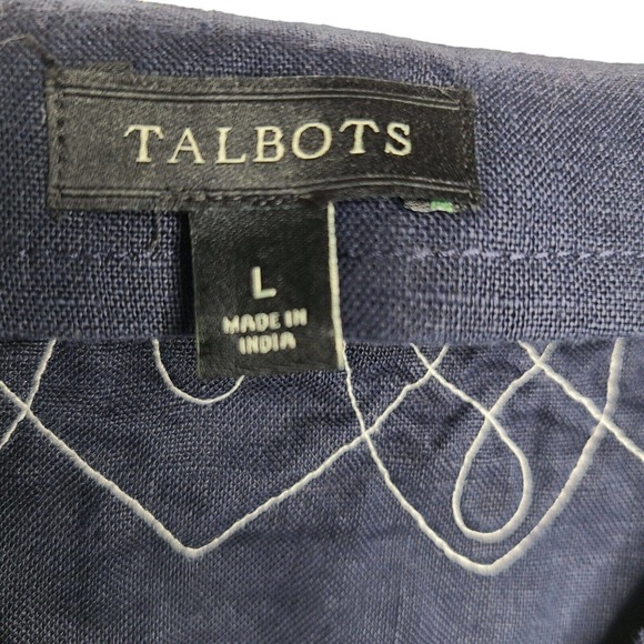 Talbots Women's SZ L 100% Linen Blouse/Top Navy-Blue Embellished Neckline & Cuff - Picture 10 of 11
